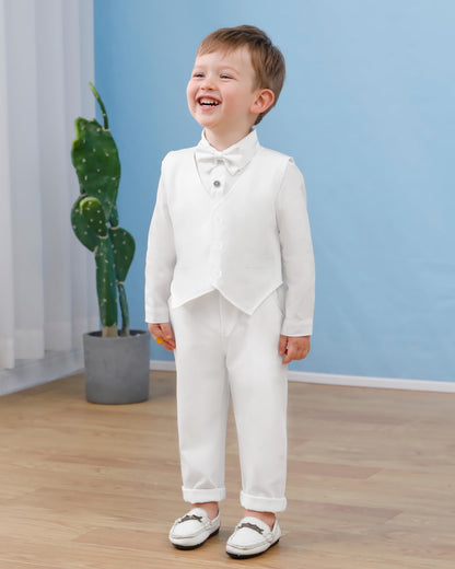 YUEMION Baby Boy Clothes Wedding Outfit Suits, 0-18 Months Infant Boy Gentleman Set, Dress Shirt+Vest+Suspender Pants+Bowtie