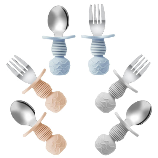 PandaEar 6 Pack Stainless Steel Toddler Spoons and Fork Feeding Set - Anti-Choke First Self Feeding Utensils for Kids Baby Girls Led Weaning Ages 18 Months+ (Pink/Beige)