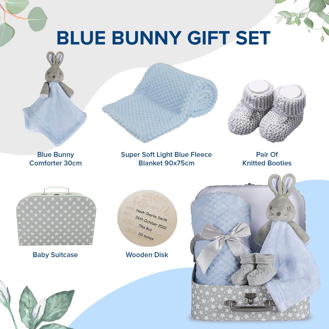 Baby Blue Bunny Security Blanket & Keepsake Box - Soft Fleece, Booties & Gift Basket - Unique Newborn Present