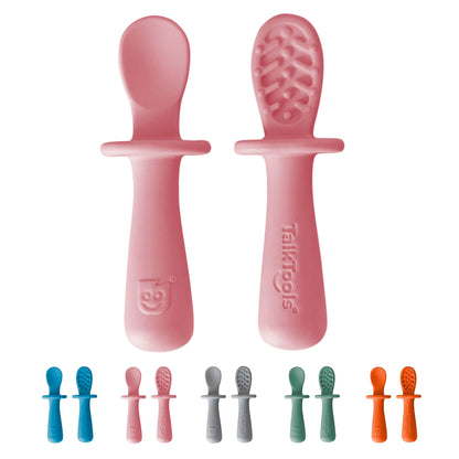 TalkTools ITSY Tiny Silicone Spoons – Twin Pack Soft Silicone Self-Feeding Training Spoons for Kids & Toddlers, Anti-Choking Flange Guard and Non-Slip Handle (Ocean)