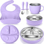 Nuogo 6 Pcs 304 Stainless Steel Kids Plates and Bowls Set Stainless Steel Suction Bowls and Toddler Cup with Removable Silicone, Forks Spoons Pocket Bib for Baby Toddle(Pink,Round)