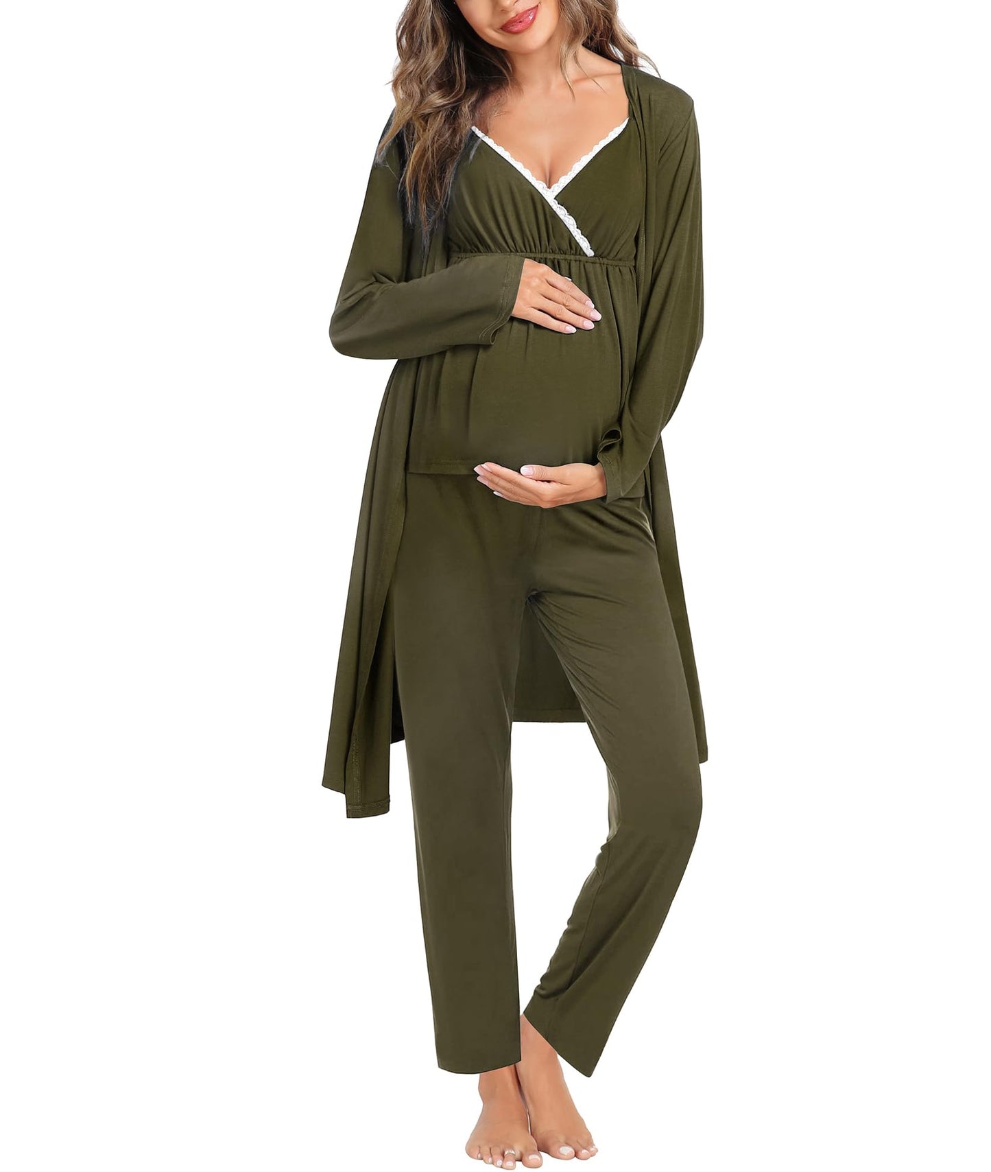 SWOMOG Maternity Nursing Robe Set 3 Piece Breastfeeding Pajamas 3 in 1 Labor Delivery Sleevless Tops&Long Pants Pregnancy Pjs