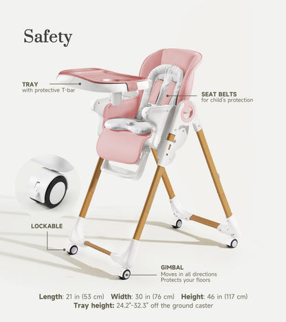 Convertible High Chairs for Babies and Toddlers, Height Adjustable Baby High Chair, High Chair with Removable Tray, Adjustable Backrest and Pedal, Portable Baby Dinning Chair with Lockable Wheels