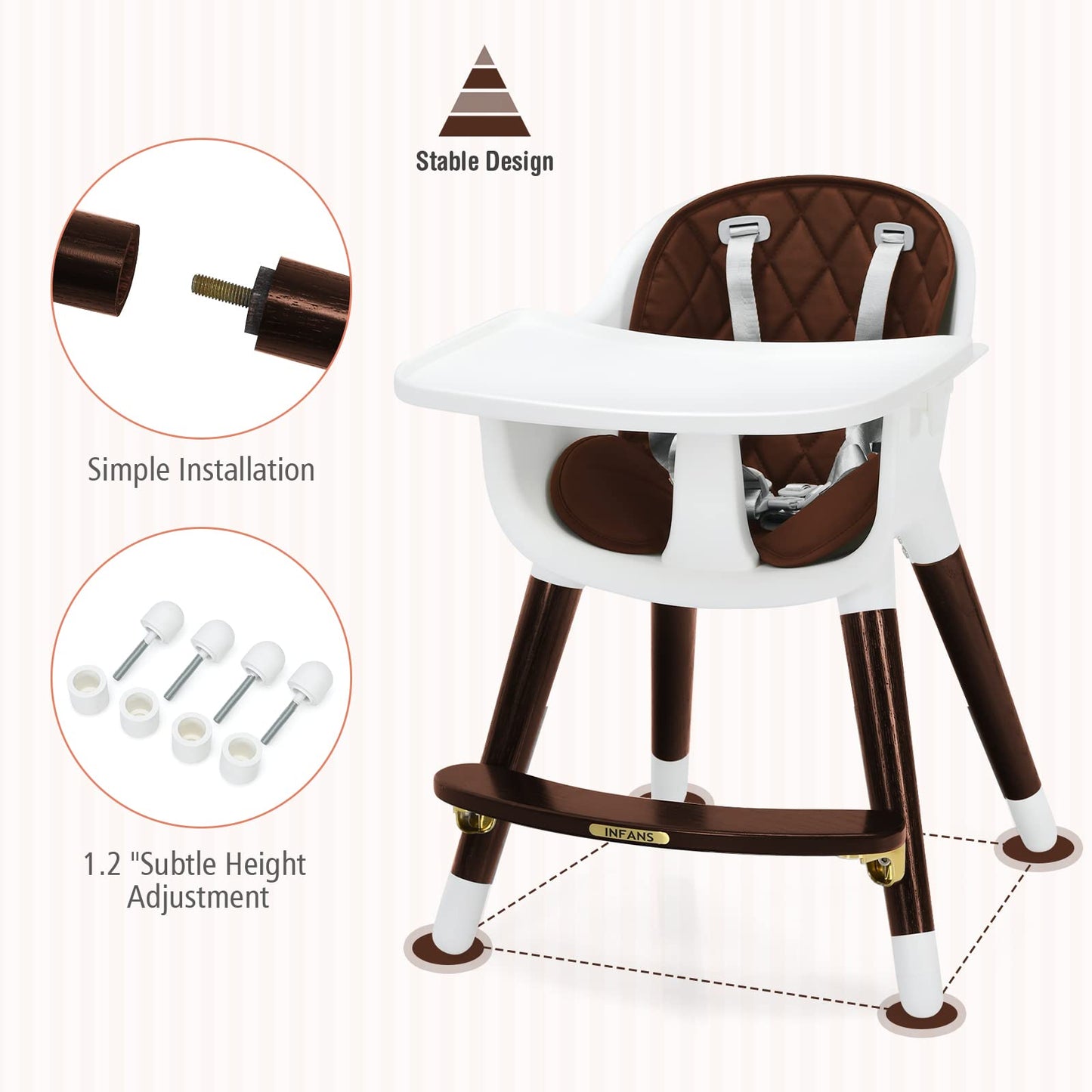 INFANS Baby High Chair, 3 in 1 Convertible Wooden Highchair for Babies & Toddlers, Modern Infant Feeding Chair with 5-Point Safety Harness, Footrest, Adjustable Legs, Removable Tray PU Cushion