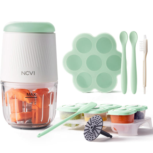 NCVI Puree Baby Food Processor Glass Set, Mini Infant Food Maker Blender Machine with 8 Blades and Grinding Disc, Small Blender for Baby Food Including Containers, Silicone Tray and Tableware