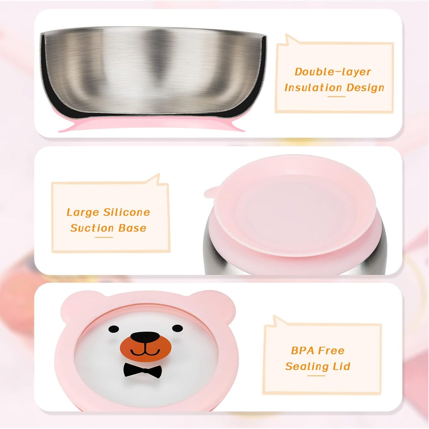 MR. CHOU Baby Bowls with Non-Slip Silicone Suction Cup, Insulated Double-Layer 304 Stainless Steel Toddler Bowls with BPA Free Airtight Lids, Food-Grade Silicone Safe for Kids (Blue)