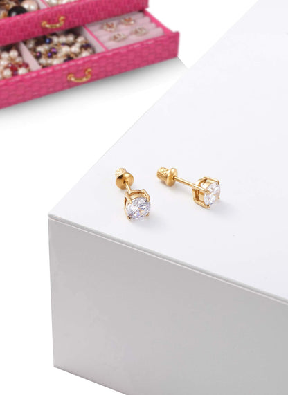 Earrings for Girls, 18k Yellow Gold Plated CZ Hypoallergenic Stud Earrings - Screw On Safety Backs, Stainless Steel Posts for Kids, Toddlers, Teens