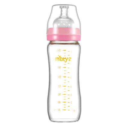 Matyz 8 Ounce Glass Baby Feeding Bottle With Nipple - Light and Slim, Easy to Hold and Clean - Food Grade Borosilicate Glass, Wide Neck for Breastmilk Feeding, No BPA (Pink Lids)