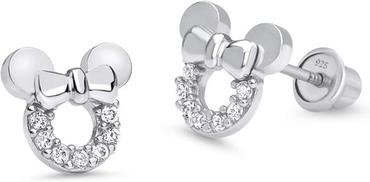 925 Sterling Silver Rhodium Plated Mouse Cubic Zirconia Screwback Baby Girls Earrings