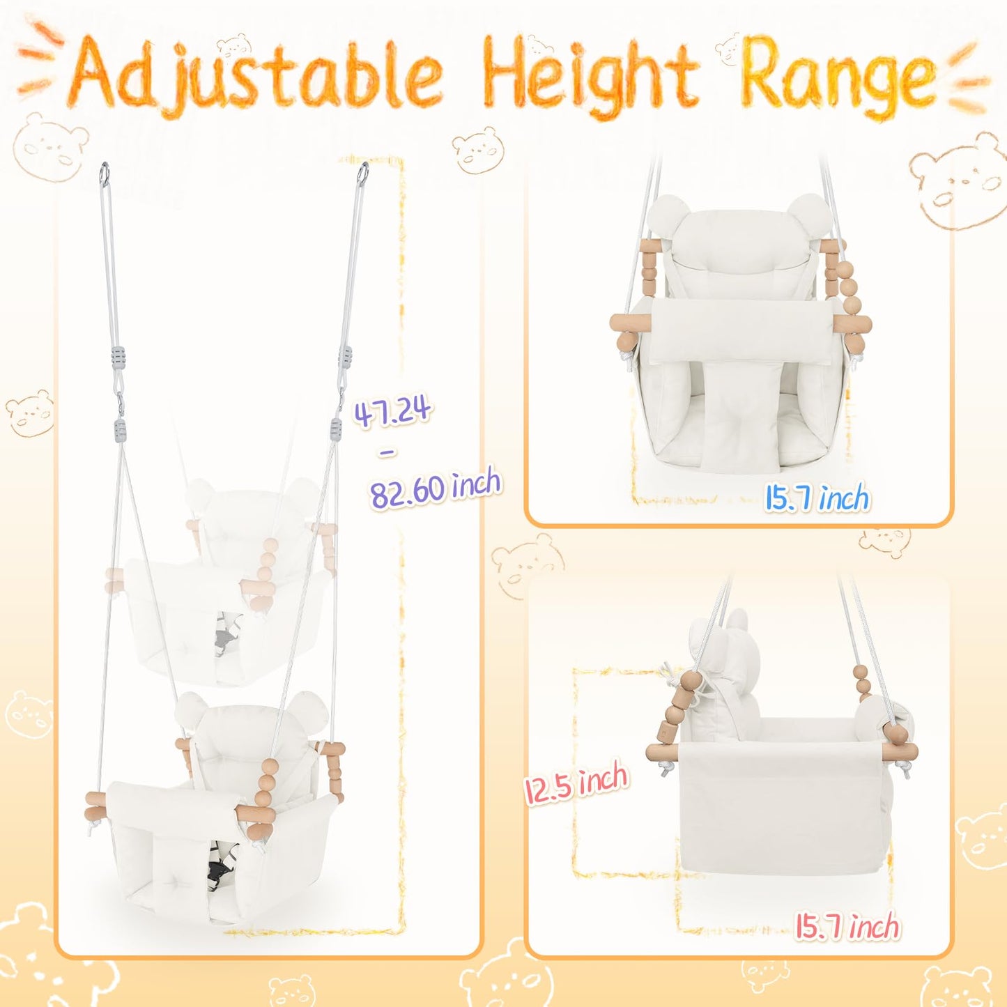 Baby Swing Indoor Outdoor,Secure Canvas Wooden Toddler Swing Seat, 3-Point Adjustable Safety Harness,Mounting Hardware Included,Gift for Boys and Girls,White