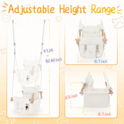 Baby Swing Indoor Outdoor,Secure Canvas Wooden Toddler Swing Seat, 3-Point Adjustable Safety Harness,Mounting Hardware Included,Gift for Boys and Girls,White