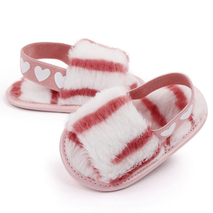 2 Pack Infant Baby Girls Sandals Elastic Back Strap Flats Slippers Soft Toddles Princess Shoes Faux Fur Slides Shoes First Walker House Shoes