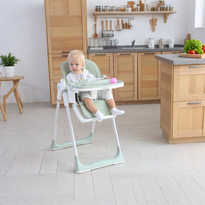 3-in-1 Foldable High Chair for Babies & Toddlers – Adjustable Height, Reclining Seat, 5-Point Safety Harness, Removable Tray, Lockable Wheels and Washable Cushion, Beige