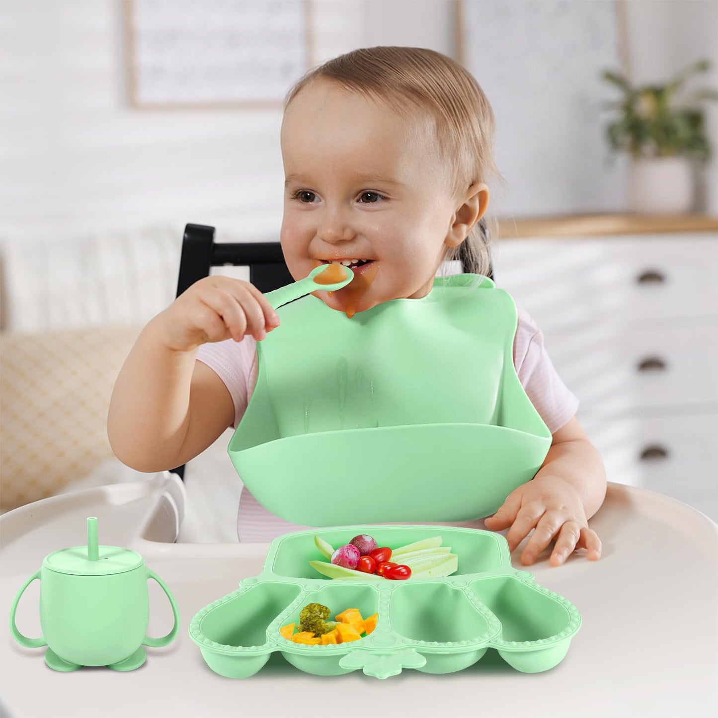Silicone Baby Feeding Set 10 Pcs Baby Led Weaning Supplies Suction Bowl Divided Plate Baby Bibs Fruit Feeder Baby Spoons Forks Sippy Cup Toddler Utensil Sets Baby Essentials for Newborn Gift