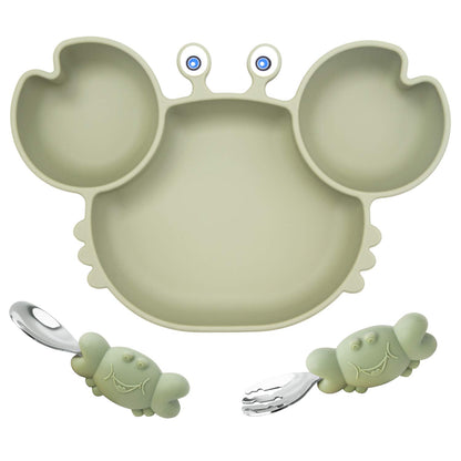 Silicone Suction Plate for Toddlers with Fork Spoon Set - Self Feeding Training Divided Plate Dish and Bowl for Baby and Toddler, Fits for Most Highchairs Trays (Cyan)