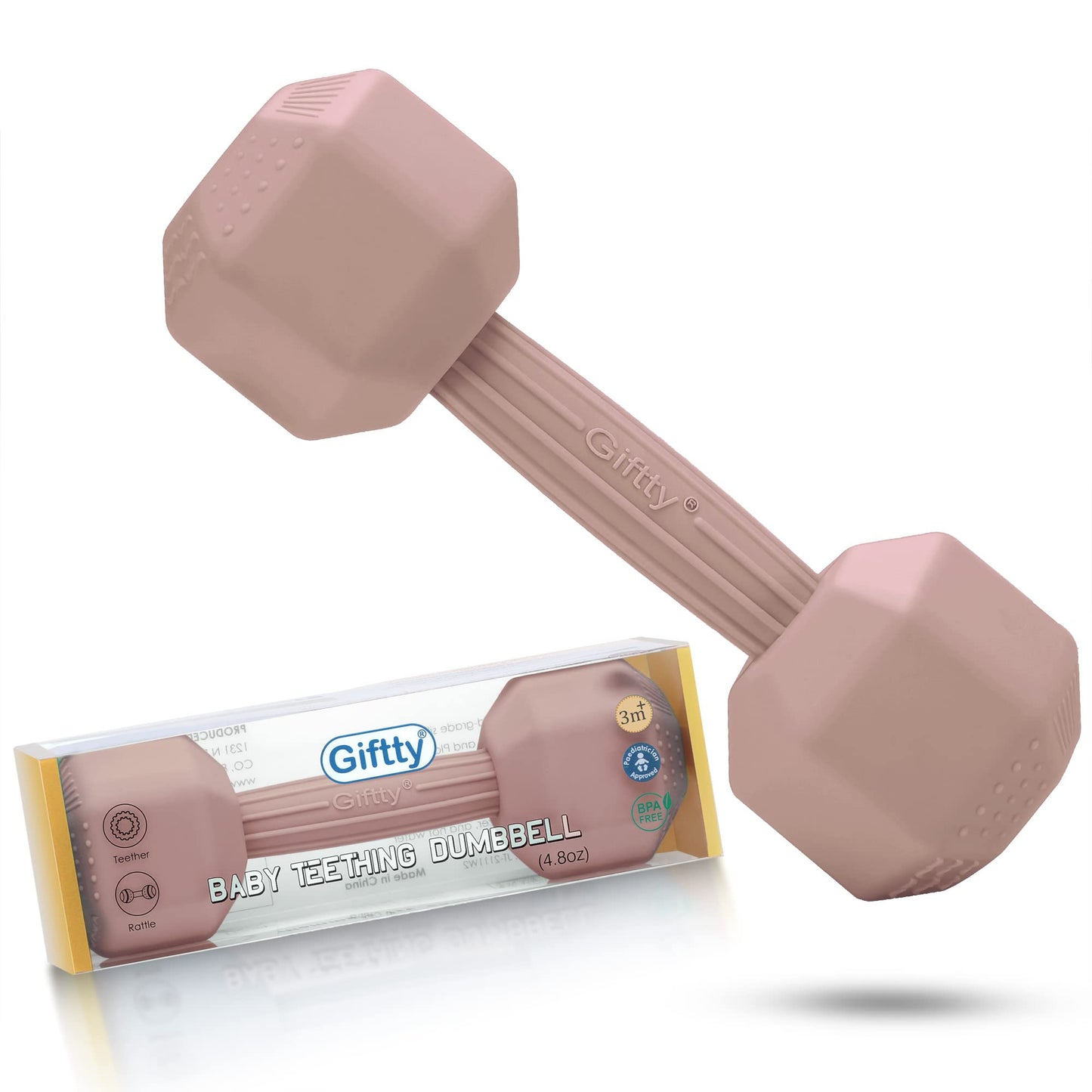 Giftty Baby Dumbbell Toy - Silicone Infant Rattle Teething Toy Teether Toddler Sensory Toy Durable Safe Exercises Workout Weight - Great Gift for Girls and Boys (1pcs 4.8oz - Gray)