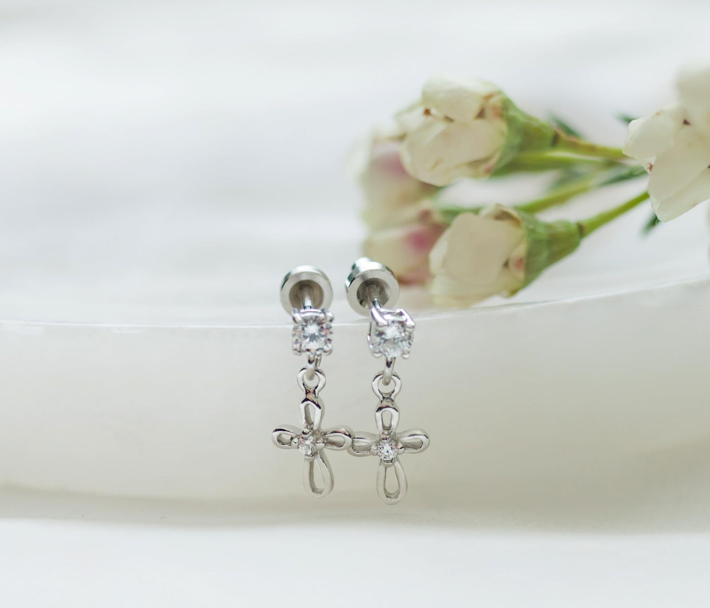 Cherished Moments Children's Sterling Silver Cultured Pearl or CZ, Dangling Cross Earrings with Screw Backs for Baptism, Christening, First Communion Gift for Babies, Kids, Toddlers, and Little Girls