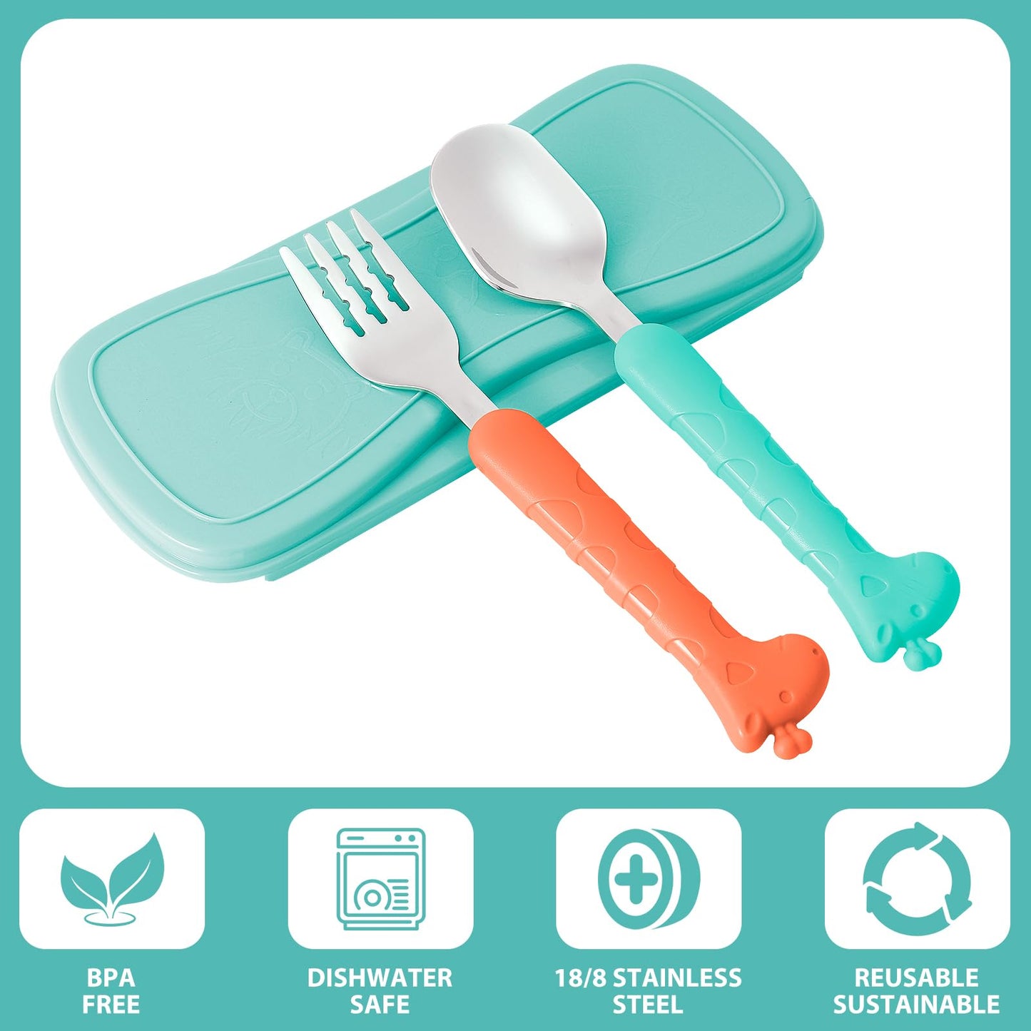 lohodo Toddler Utensils Kids Spoon and Fork Set 18/8 Stainless Steel Silverware BPA Free Pink & Purple Cute Giraffe Child Flatware with Travel Case for Age 3+