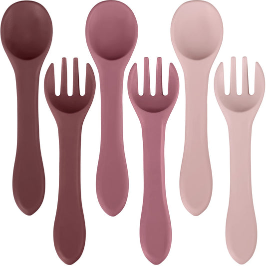 6 Pieces Silicone Baby Feeding Forks and Spoons Set Hot Safety First Stage Self Feeding Supplies Mini Kids Utensils for Over 6 Months Babies Boy Girl Toddlers First Foods (Nature Color)