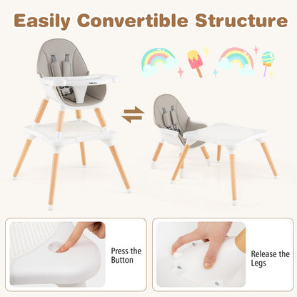 BABY JOY 6 in 1 High Chair, Convertible High Chairs for Babies and Toddlers/Booster Seat/Table and Chair Set, Infant Wooden Highchair w/ 5-Point Harness, 4-Position Removable Tray & PU Cushion, Coffee