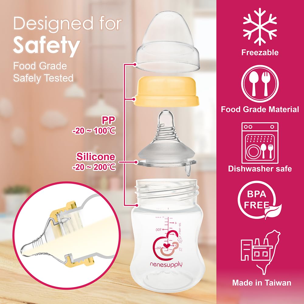 Nenesupply Natural Baby Bottles Newborn Feeding Bottles Slow Flow Breastfeeding Bottle for Breastfed Babies Wide Neck 9oz Anti Colic Level 2 Nipple for 1+ Month Infant Replace Spectra Bottle Pumping