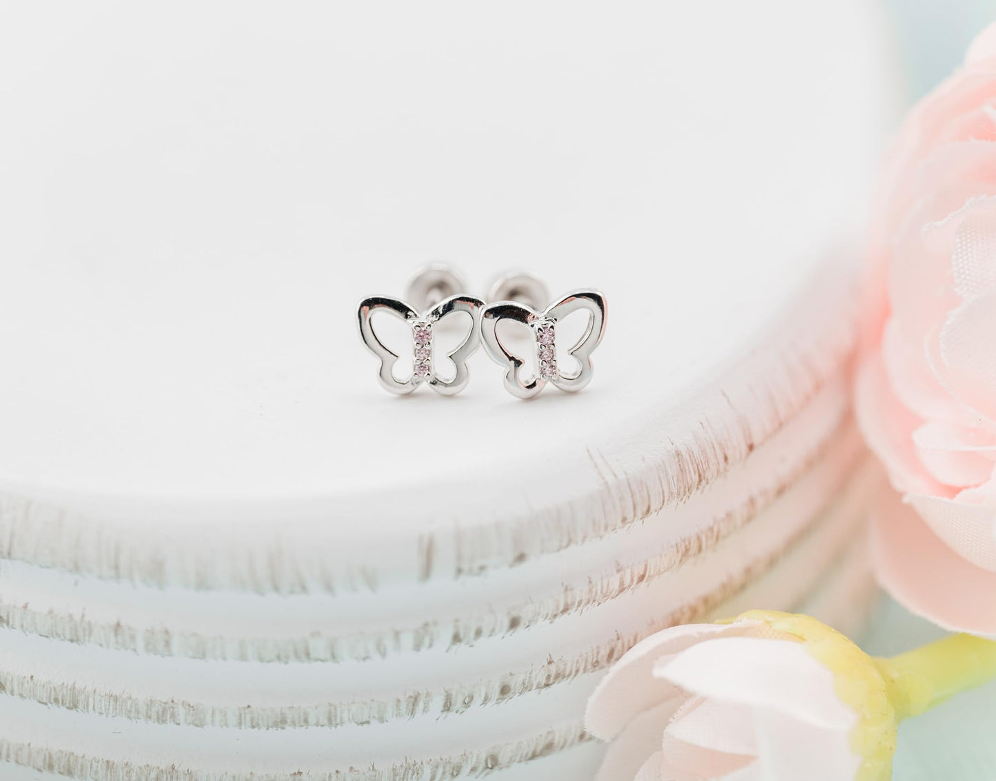 Cherished Moments Children's Sterling Silver Butterfly Screw Back Earrings with Pink or Rainbow CZs for Babies, Little Girls, Kids and Toddlers