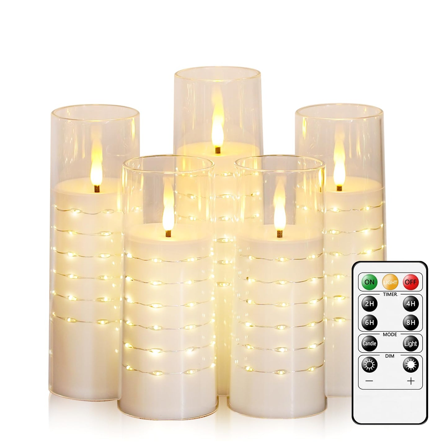 Flameless Candles with Embedded Star String - Flow Flicker Battery LED Candles, Realistic Flame,White Set of 5 | Holiday Decoration, Wedding, Party Adding to The Family Atmosphere