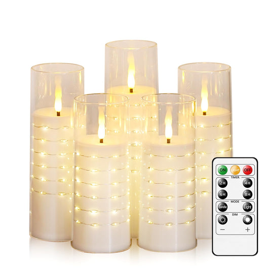 Flameless Candles with Embedded Star String - Flow Flicker Battery LED Candles, Realistic Flame,White Set of 5 | Holiday Decoration, Wedding, Party Adding to The Family Atmosphere