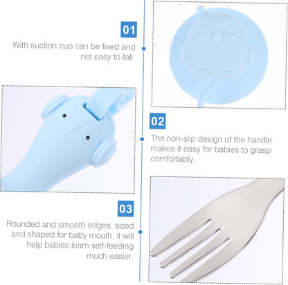 Toddler Fork Spoon Set Baby Cutlery Set Baby Training Utensils Anti-drop Rope Suction Cup 2 Pieces