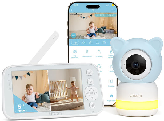 litokam 4MP Baby Monitor with 2 Cameras and Audio, 5-inch 1080P Split-Screen, No WiFi & 5G/2.4G WiFi, Remote Pan-Tilt-Zoom, Night Vision, VOX, Temperature Sensor, 2-Way Talk, 7 Lullabies, 1000ft Range