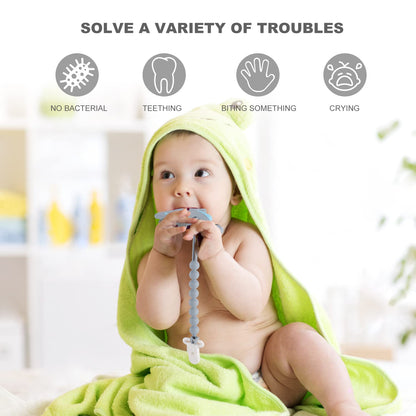 Baby Teething Toys for Babies 3-6 6-12 Months, Dinosaur Teether Pain Relief Toy with One Piece Design Pacifier Clip Holder Set, Freezer Safe Neutral Shower Gift for Boys and Girls (Pink)
