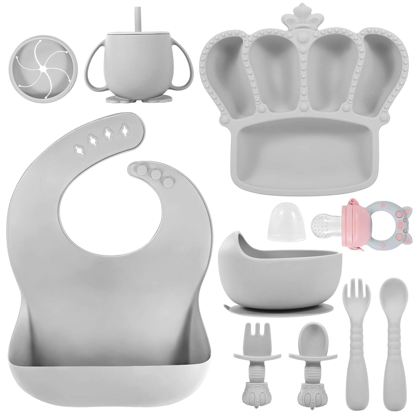 Silicone Baby Feeding Set 10 Pcs Baby Led Weaning Supplies Suction Bowl Divided Plate Baby Bibs Fruit Feeder Baby Spoons Forks Sippy Cup Toddler Utensil Sets Baby Essentials for Newborn Gift