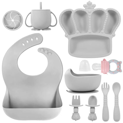 Silicone Baby Feeding Set 10 Pcs Baby Led Weaning Supplies Suction Bowl Divided Plate Baby Bibs Fruit Feeder Baby Spoons Forks Sippy Cup Toddler Utensil Sets Baby Essentials for Newborn Gift