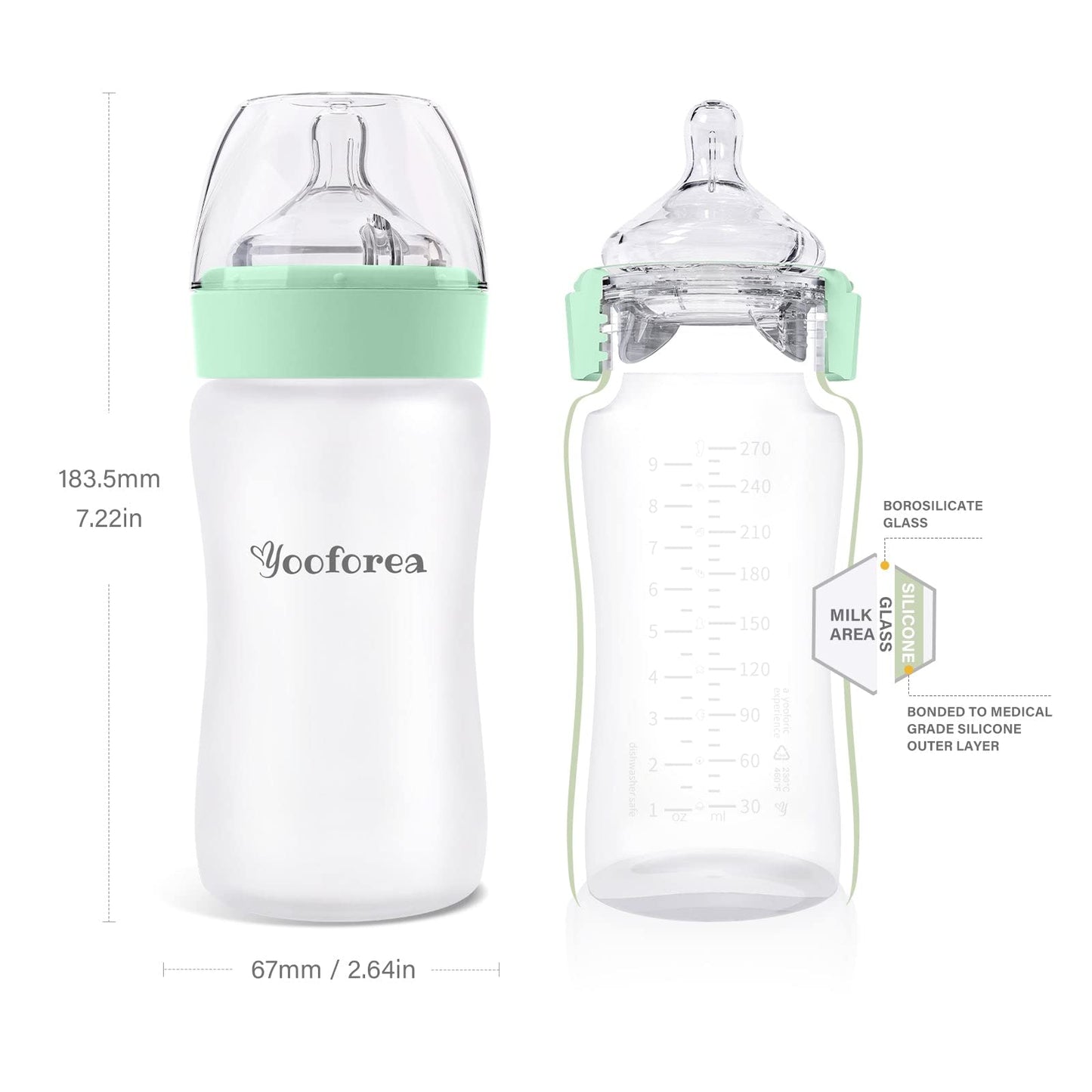 Yooforea Silicone Coated Glass Baby Bottle, 0M+ Slow Flow Nipple I Anti-Colic, Wide Neck, Stable Base I Medical-Grade Silicone Coating for Shatter Protection, BPA BPS PVC Free (3 Ounce-Honey)