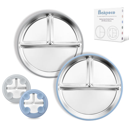 Stainless Steel Baby Plate with Suction, 9” Divided Toddler Plates with Removable Silicone Sleeves for Kids, Non-Toxic Non-Slip Unbreakable Dishwasher Safe Dinnerware Set of 2, Pink & Beige
