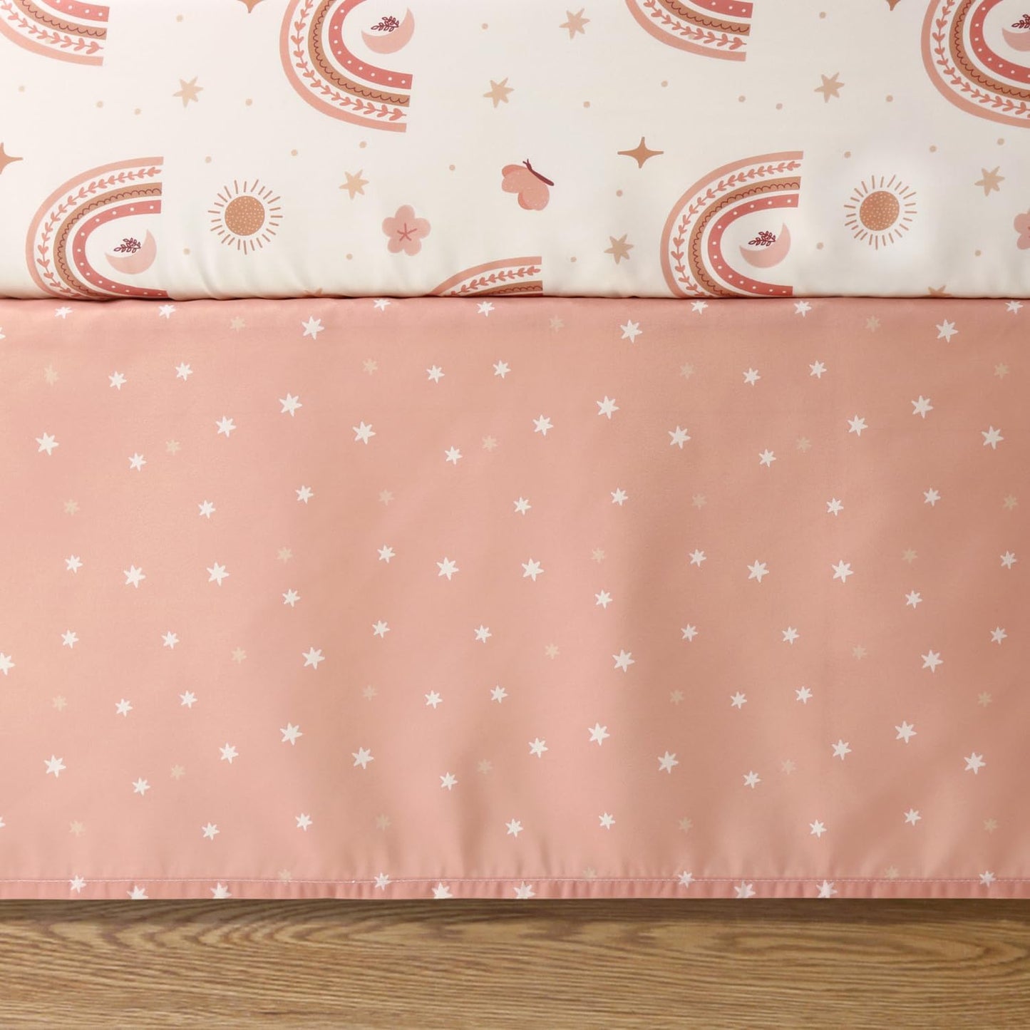 The Peanutshell 3 Piece Baby Crib Bedding Set for Girls - Newborn, Infant & Toddler Nursery Bed Set Decor with Fitted Crib Sheet, Dust Ruffle Comforter - Boho Rainbow