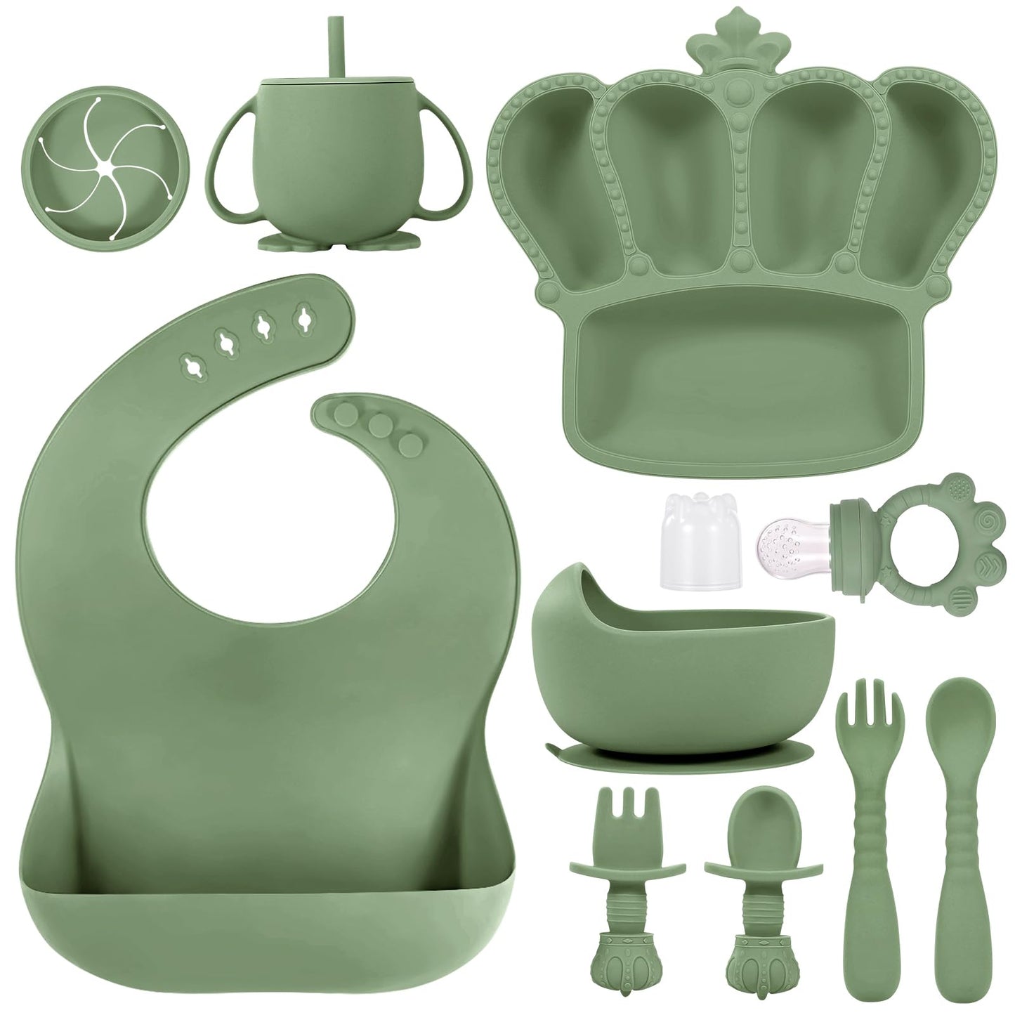 Silicone Baby Feeding Set 10 Pcs Baby Led Weaning Supplies Suction Bowl Divided Plate Baby Bibs Fruit Feeder Baby Spoons Forks Sippy Cup Toddler Utensil Sets Baby Essentials for Newborn Gift