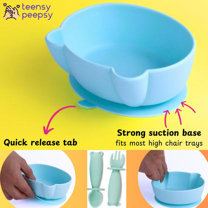 Bear Silicone Baby Bowl Suction Baby Spoon and Fork for Babies 6 months+ Suction Bowls for Baby Utensils 6-12M+ BLW Essentials (Peach Lilac)