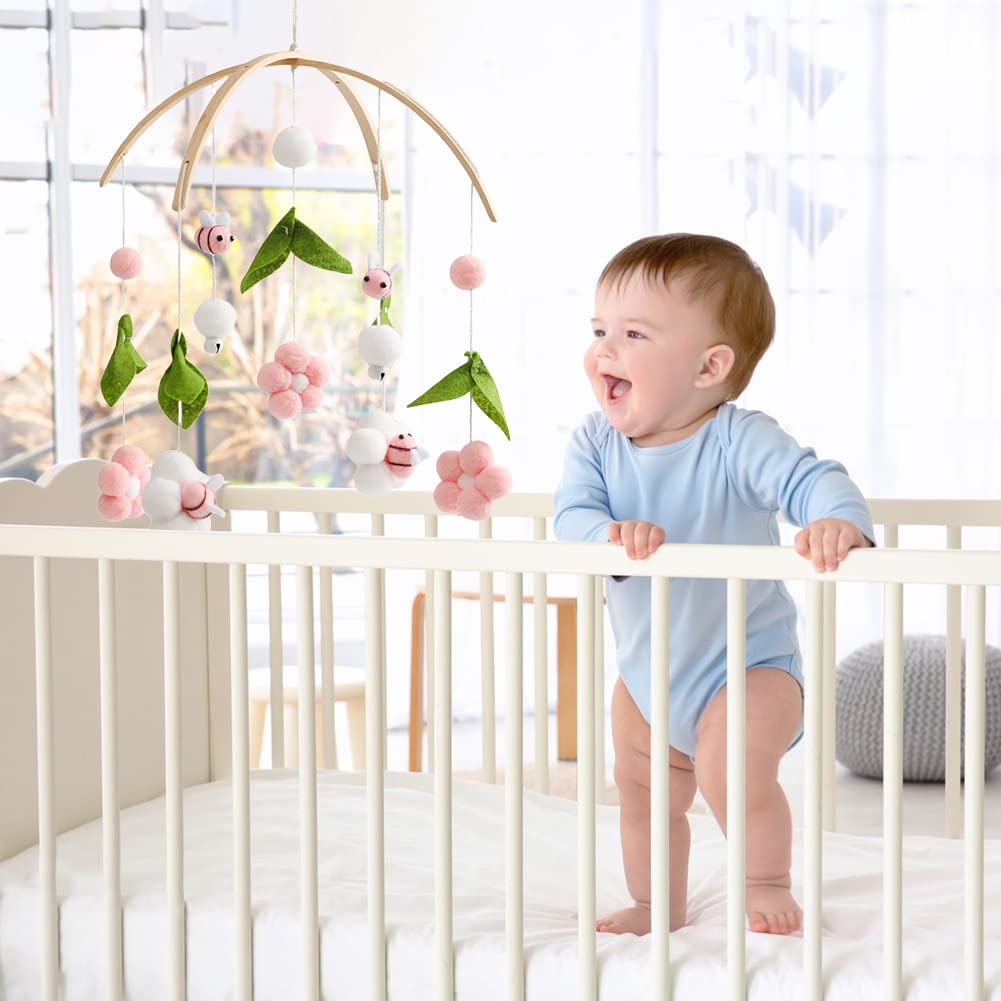 Baby Crib Mobile Wooden Wind Chime Bed Bell, Nursery Mobile Crib Rattle Bedroom Ceiling Wind Chime Hanging Bees Plush Flower Wooden Rotating Toy Newborn Bed Decor (Pink)