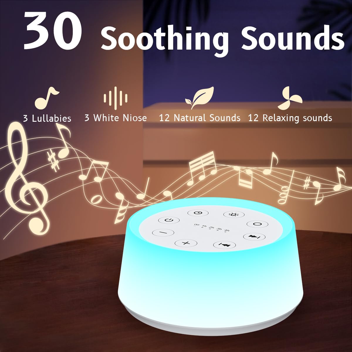 ColorsNoise Sound Machine and White Noise Machine with 30 Soothing Sounds with 12 Colors Baby Night Light with Memory Function (Black)