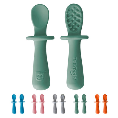 TalkTools ITSY Tiny Silicone Spoons – Twin Pack Soft Silicone Self-Feeding Training Spoons for Kids & Toddlers, Anti-Choking Flange Guard and Non-Slip Handle (Ocean)