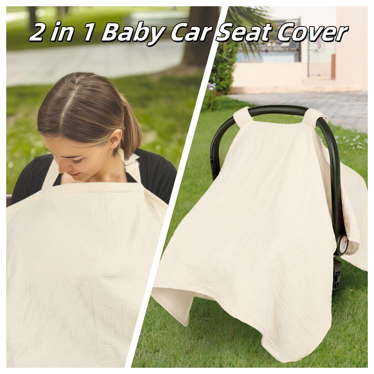 2 in 1 Muslin Infant Car Seat Cover, Multi-Purpose Breastfeeding Covers for Nursing, Breathable Carseat Cover for Baby Girls, Green