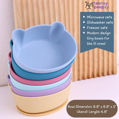 Bear Silicone Baby Bowl Suction Baby Spoon and Fork for Babies 6 months+ Suction Bowls for Baby Utensils 6-12M+ BLW Essentials (Peach Lilac)