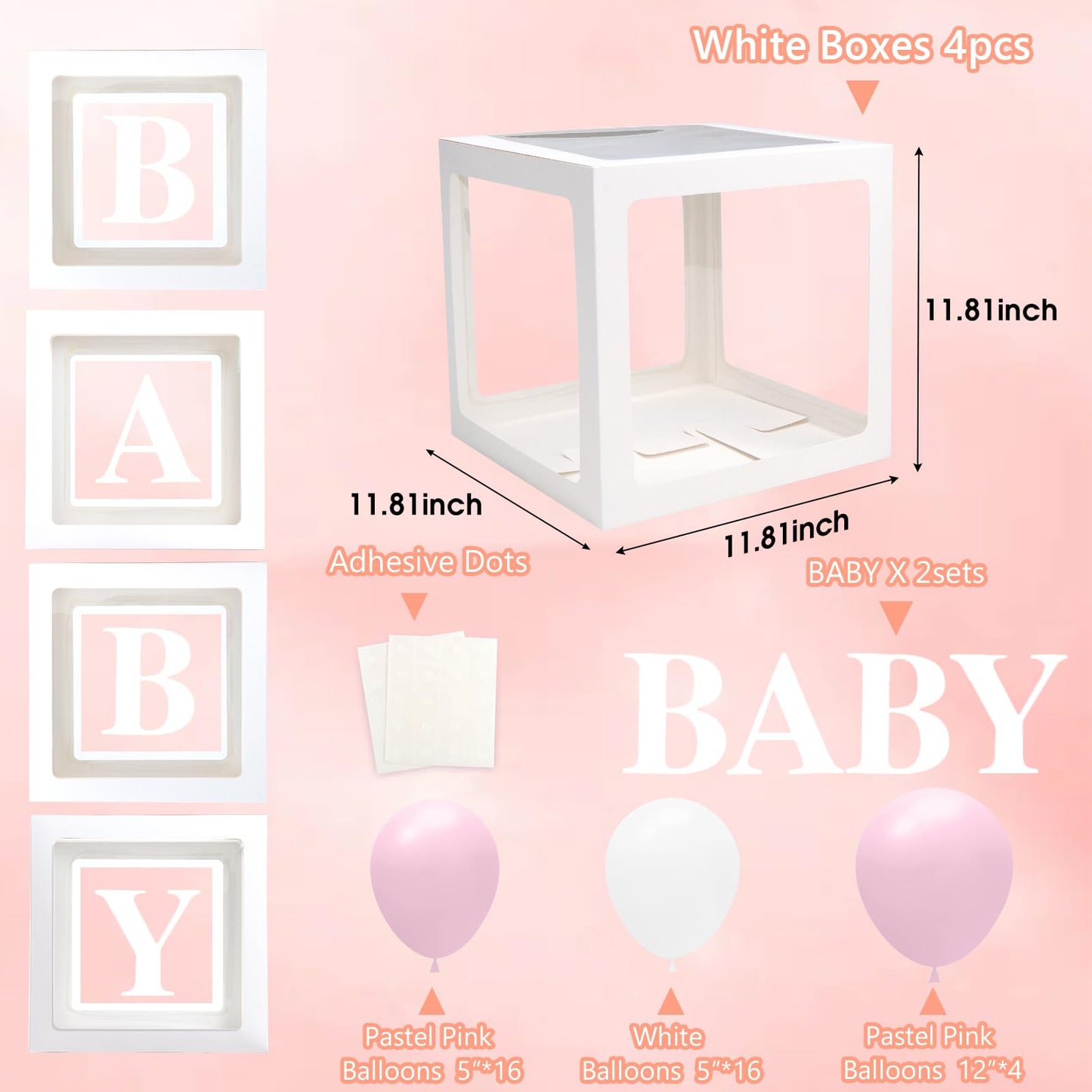 Baby Boxes with Letters for Baby Shower Decorations, Gender Reveal with 4 Pastel Balloon Boxes