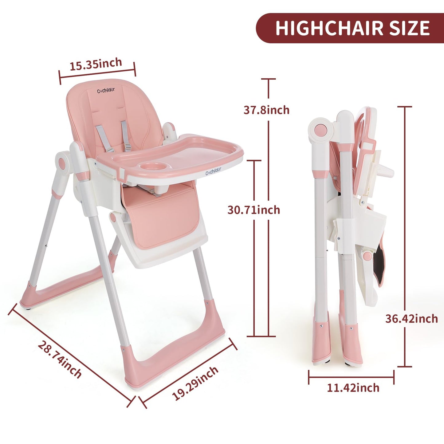3-in-1 Foldable High Chair for Babies & Toddlers – Adjustable Height, Reclining Seat, 5-Point Safety Harness, Removable Tray, Lockable Wheels and Washable Cushion, Beige