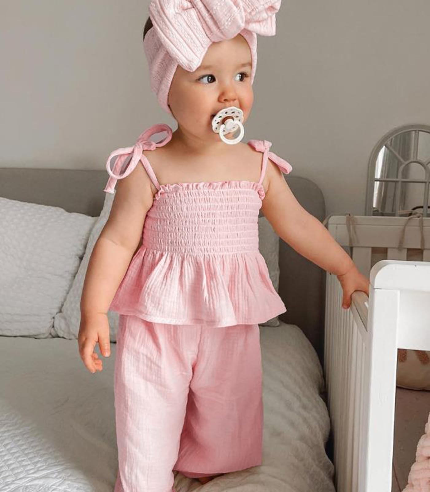 VISGOGO Infant Baby Toddler Girls Clothes Solid Color Sleeveless Camisole Linen Pants Set Baby Summer Outfits