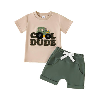 Toddler Baby Boy Summer Clothes Embroidered Farm Tractor Shirt and Short Set 2-Piece Outfits for Boys