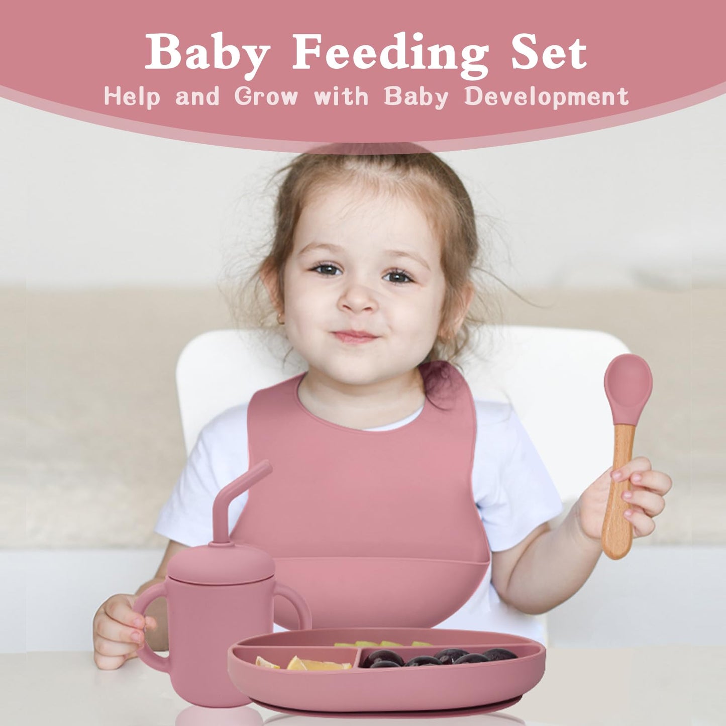 Silicone Baby Feeding Set, 10PCS Baby Led Weaning Supplies with Suction Bowl and Divided Plate, Bib Baby Cup Spoons Forks -Baby Feeding Essentials for 6+ Months