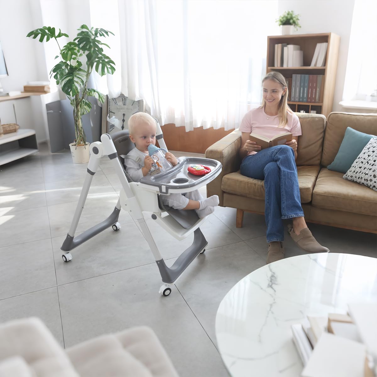 3-in-1 Foldable High Chair for Babies & Toddlers – Adjustable Height, Reclining Seat, 5-Point Safety Harness, Removable Tray, Lockable Wheels and Washable Cushion, Beige