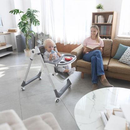 3-in-1 Foldable High Chair for Babies & Toddlers – Adjustable Height, Reclining Seat, 5-Point Safety Harness, Removable Tray, Lockable Wheels and Washable Cushion, Beige